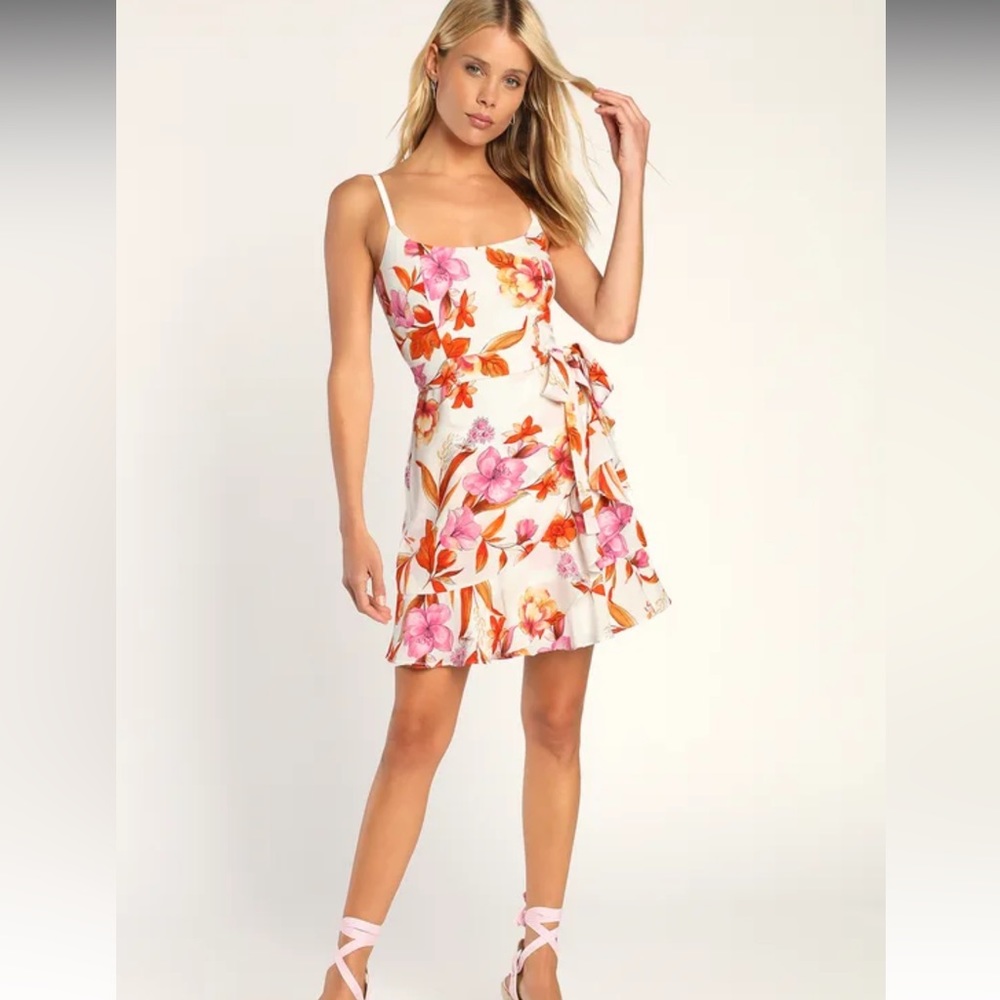 Lulus Wrapped Up In You White Floral Print Faux-Wrap Mini Dress
